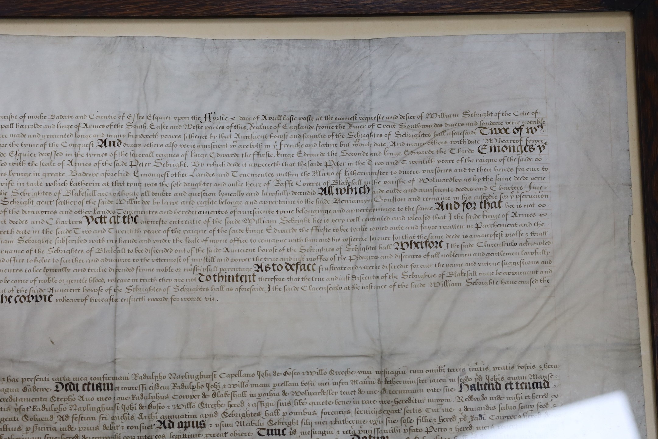 Two documents relating to a grant of arms to Edward Sebright of Blakeshall in Wolverley, Worcestershire, gentleman, April 1580